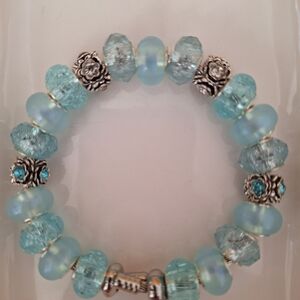 Elegant Handmade Baɓy Blue Glass Beads. Accentsented By Silver Encased Gem Stone